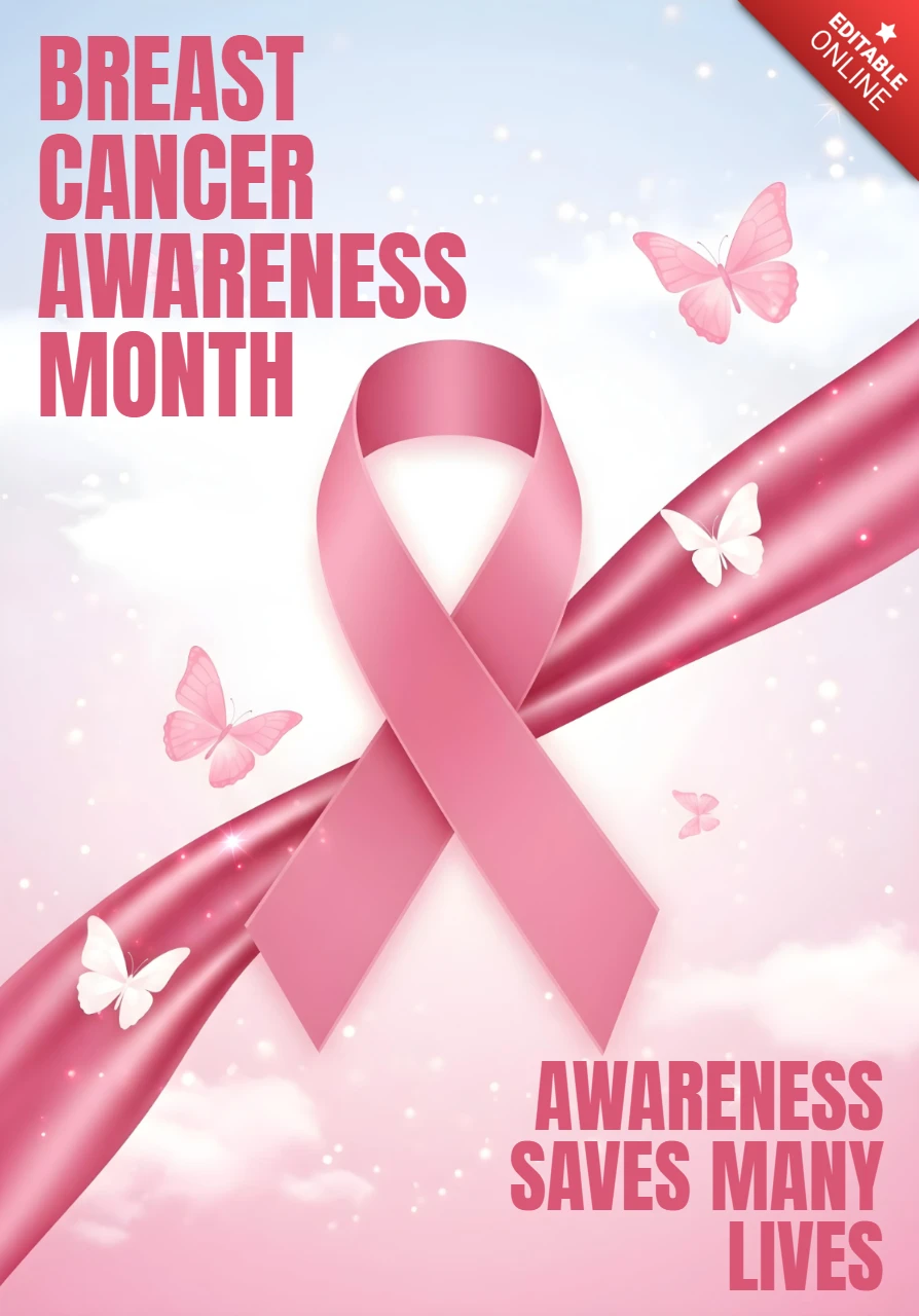 Design del poster per ottobre con tributo al nastro rosa e alla farfalla per la consapevolezza del cancro al seno
