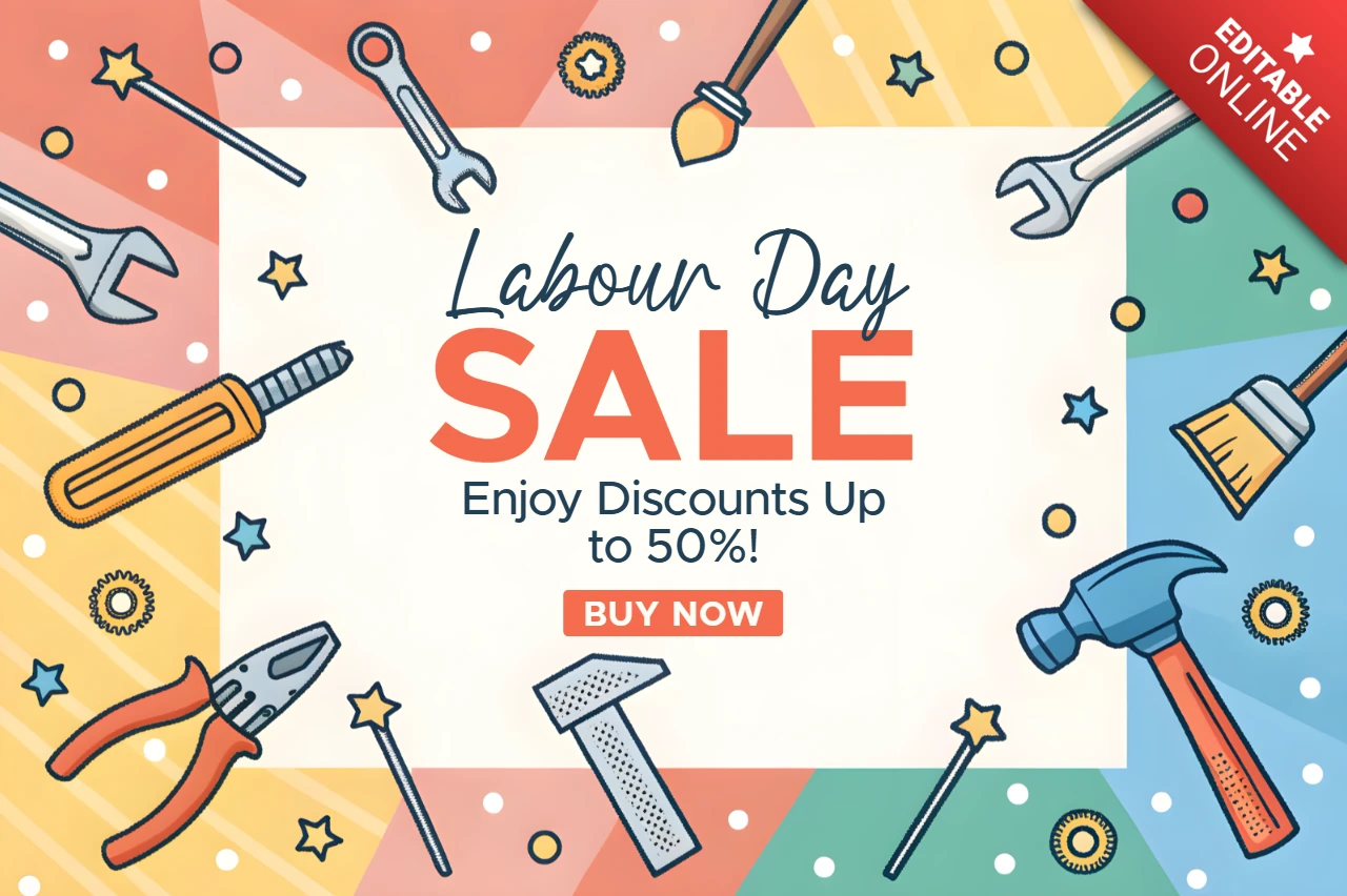 Labor Day Sale Designvorlage: bunte Tools und Rabatte bis zu 50%!