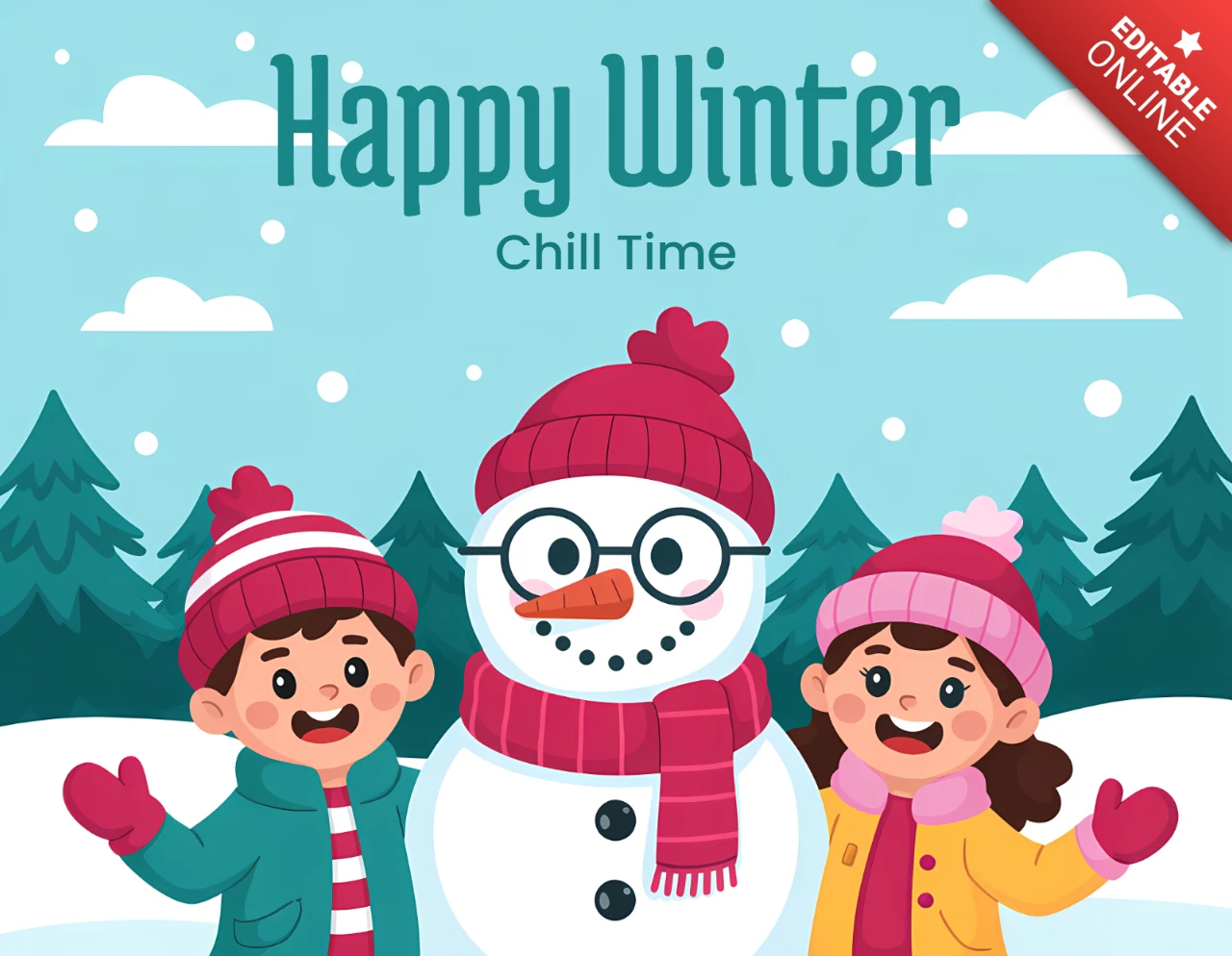 Winterwunderland-Designvorlage für Feiertagsgrusskarten mit Schneemann und Kindern