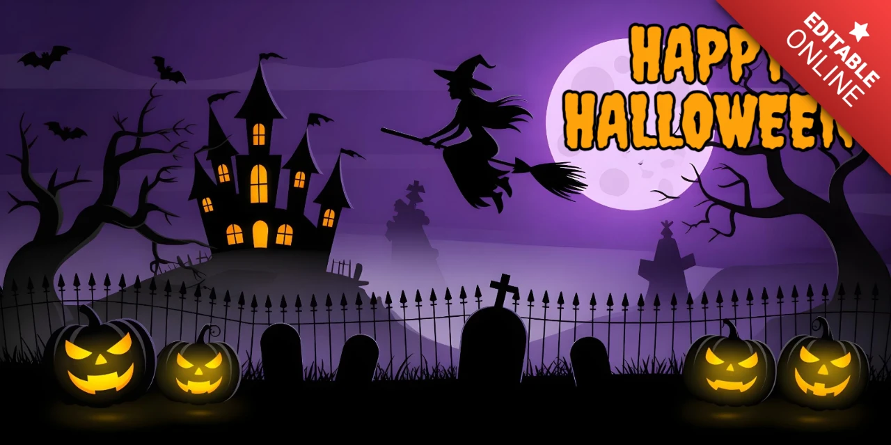Template de design de capa do YouTube para cena de cemitério iluminada pela lua de Halloween com abóboras iluminadas e mansão assombrada.