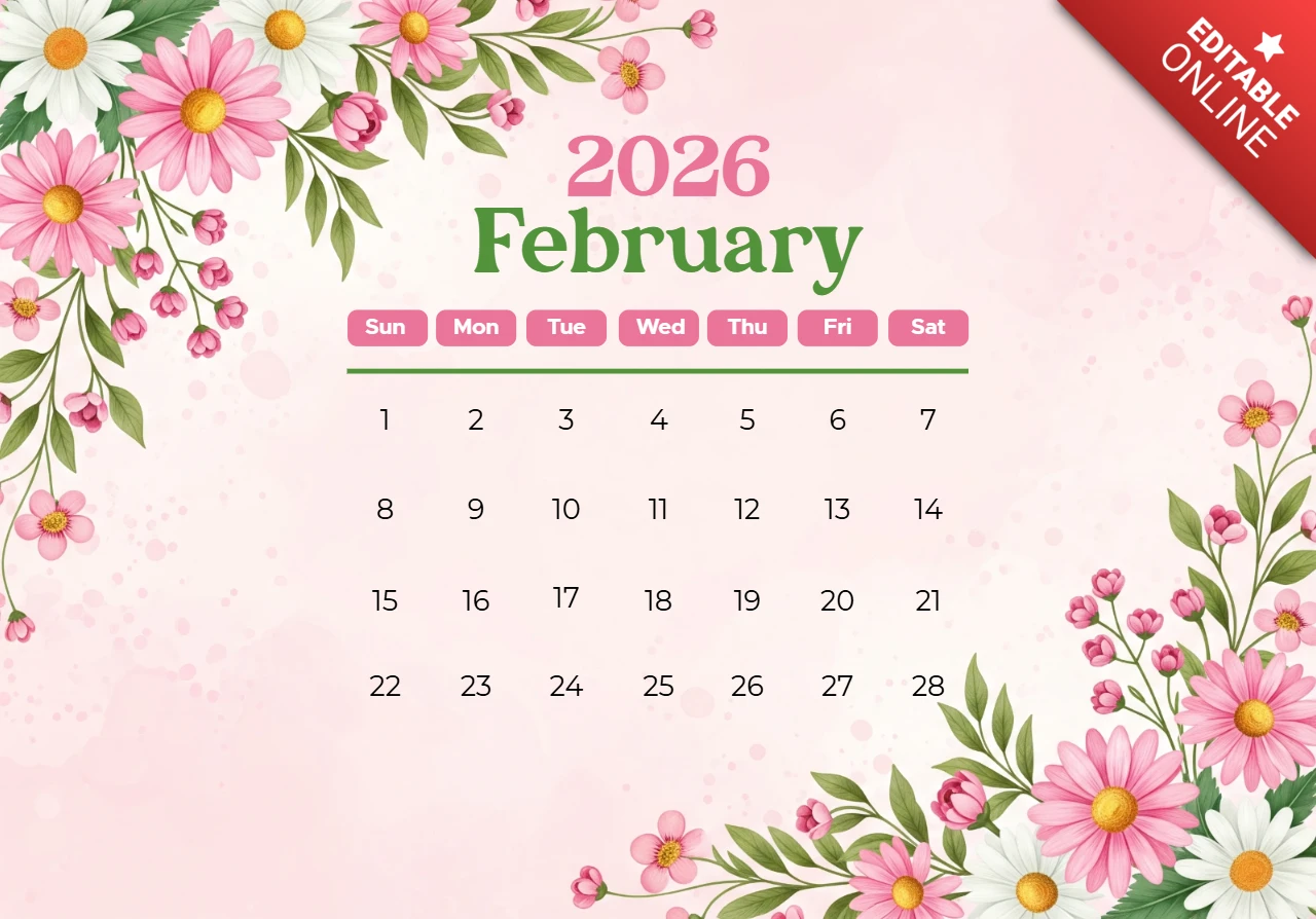 Calendar Poster February 2026 Floral Valentine Glow Edition with Elegant Typography and Pastel Accents