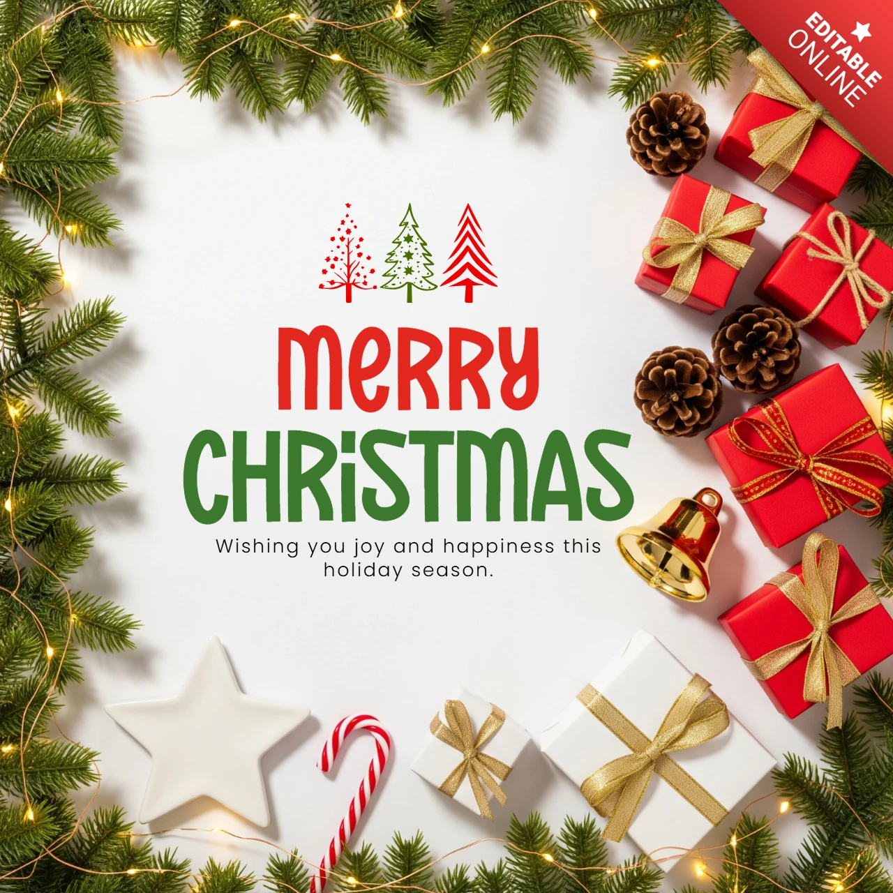 Garland with Pinecones, Candy Cane, and String Lights Surrounding Merry Christmas Greeting and Warm Wishes Design Template