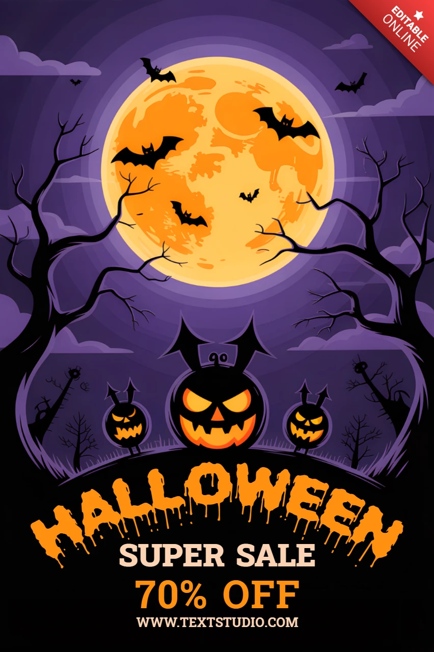 Modelo de cartaz de venda de Halloween assustador com design de abóboras e morcegos.