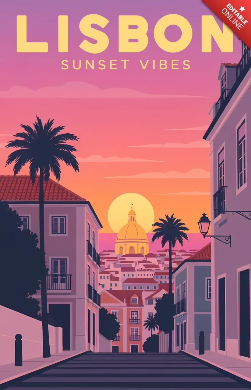 Design de vibrações do pôr do sol em Lisboa para pôsteres de viagem retro.