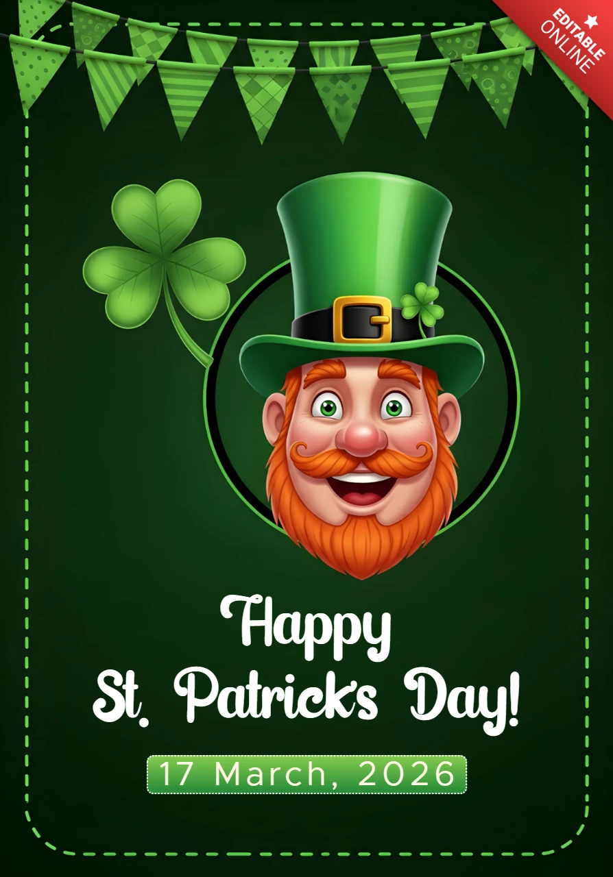 Aziz Patrick Günü tebrik kartı tasarımı, karikatür leprechaun ve yonca şablonu ile.