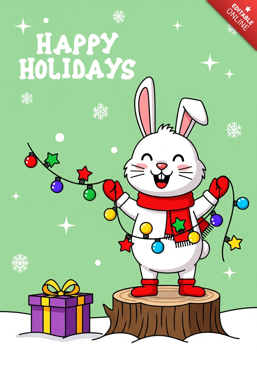 Weihnachtskarten-Design fröhlicher Hase mit Lichtern und Schneeflocken, die die Grüße zu den Feiertagen umrahmen