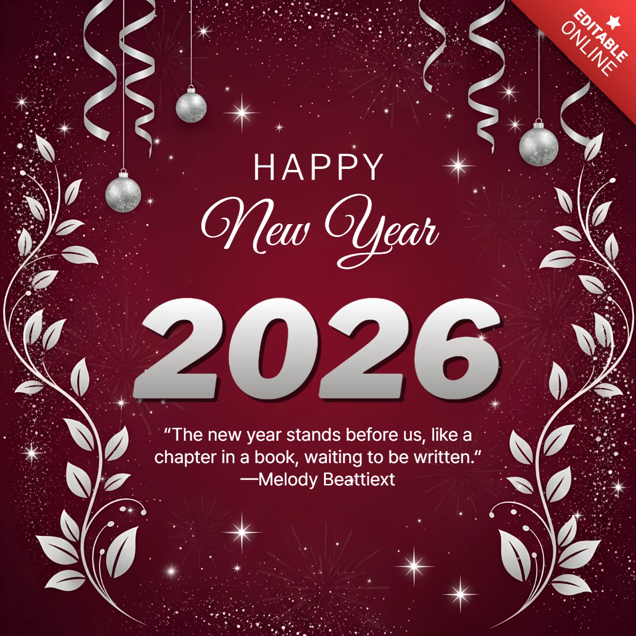 Elegant New Year 2026 Greeting Card Template with Silver Floral Design