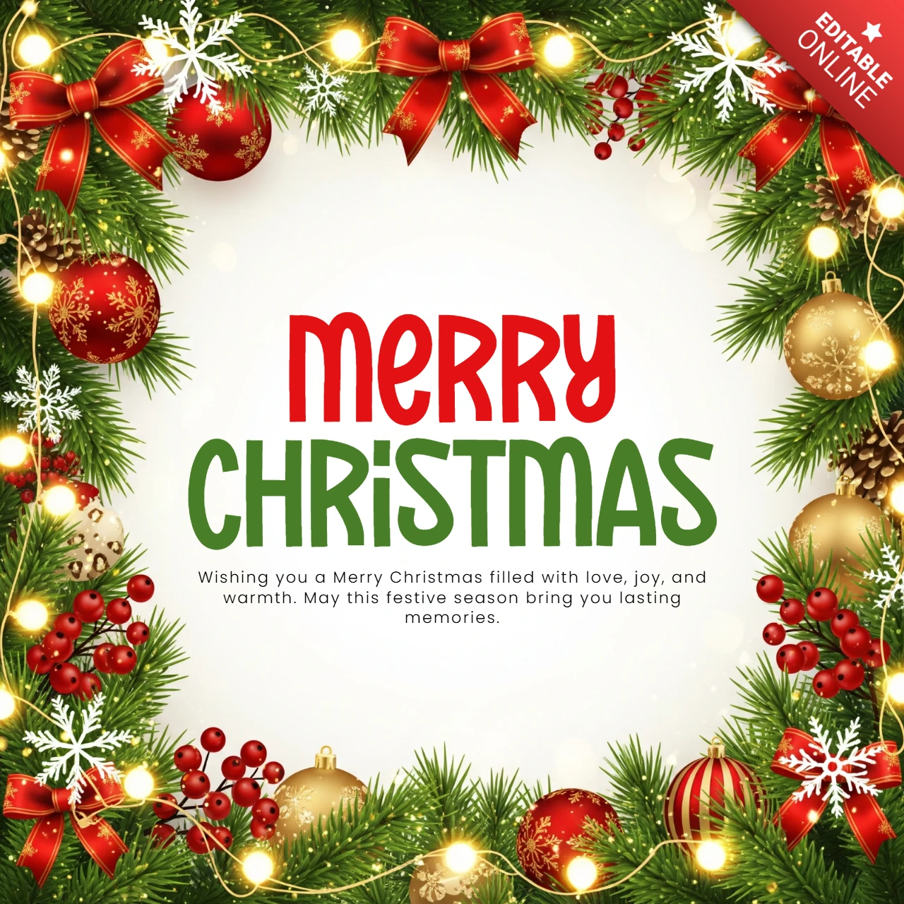 Carte de Noël joyeuse guirlande festive avec des ornements dorés et des lumières encadrant un message de amour, joie et chaleur modèle de conception.