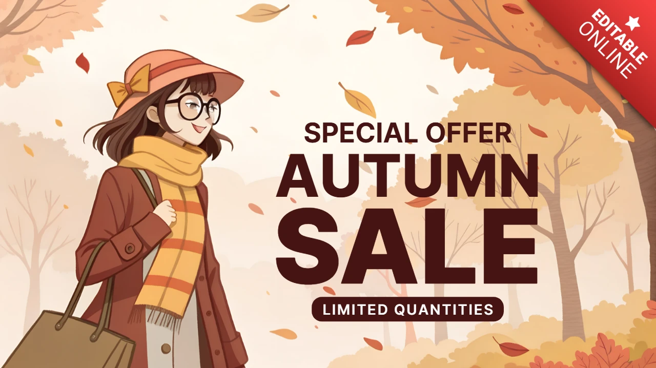 Herbstverkaufsdesign-Vorlage mit gemütlichem Manga-Charakter in herbstlicher Landschaft für Werbeflyer
