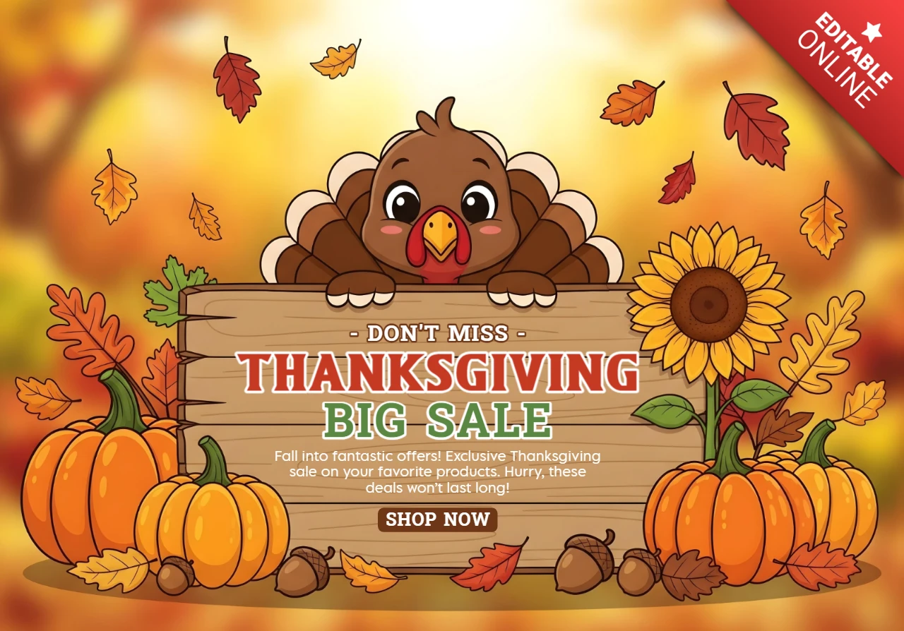 Dinde joyeuse, décoration saisonnière et panneau d'affichage promotionnel en ardoise, modèle de bannière de vente promotionnelle de Thanksgiving