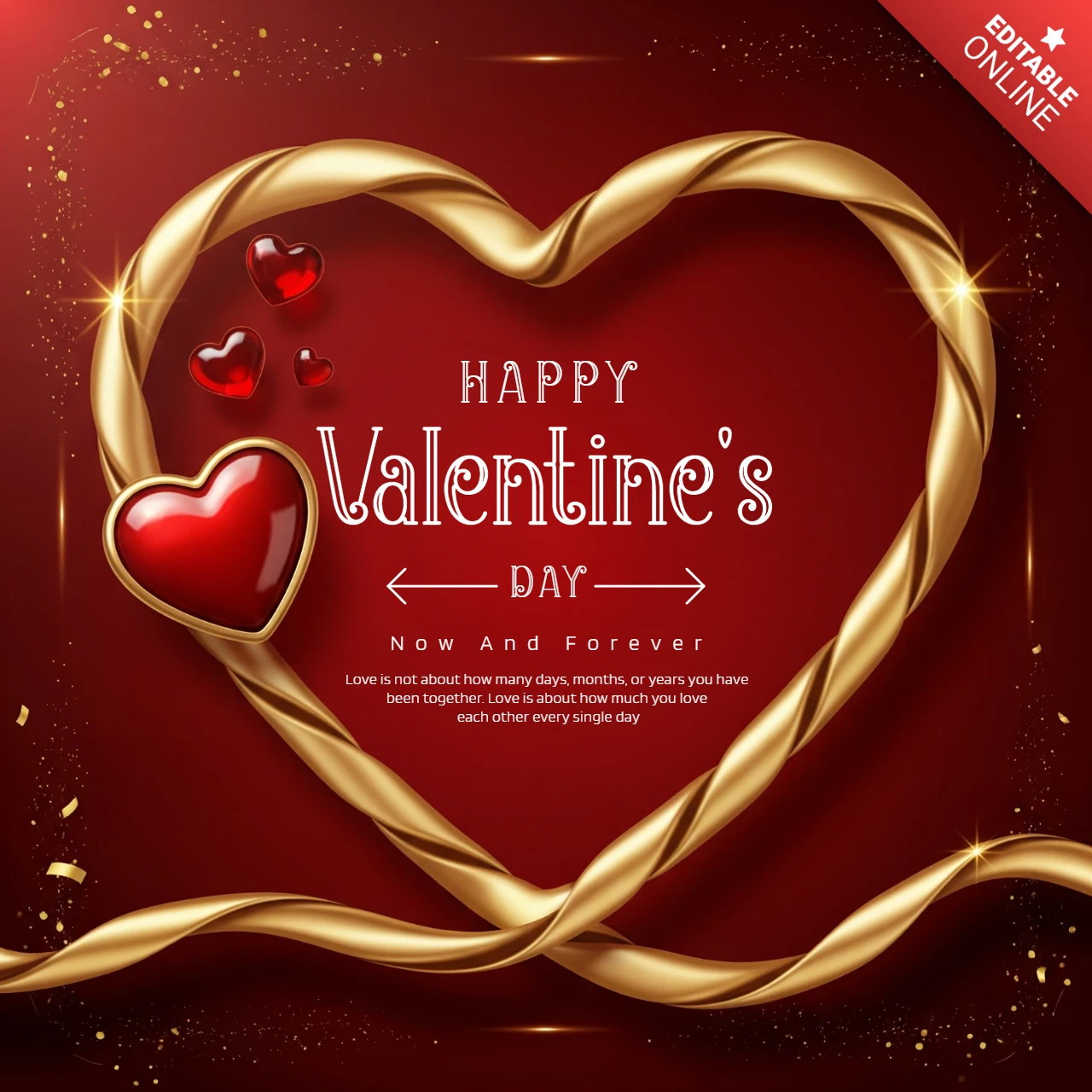 Valentine’s Day Card with Golden Ribbon Heart, Glossy Red Accents, and Romantic Quote on Deep Red Background