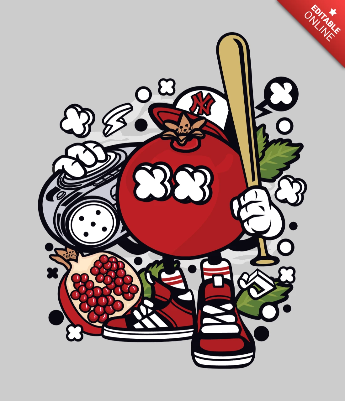 Baseball Grenade Cartoon Character T-shirt Design Template