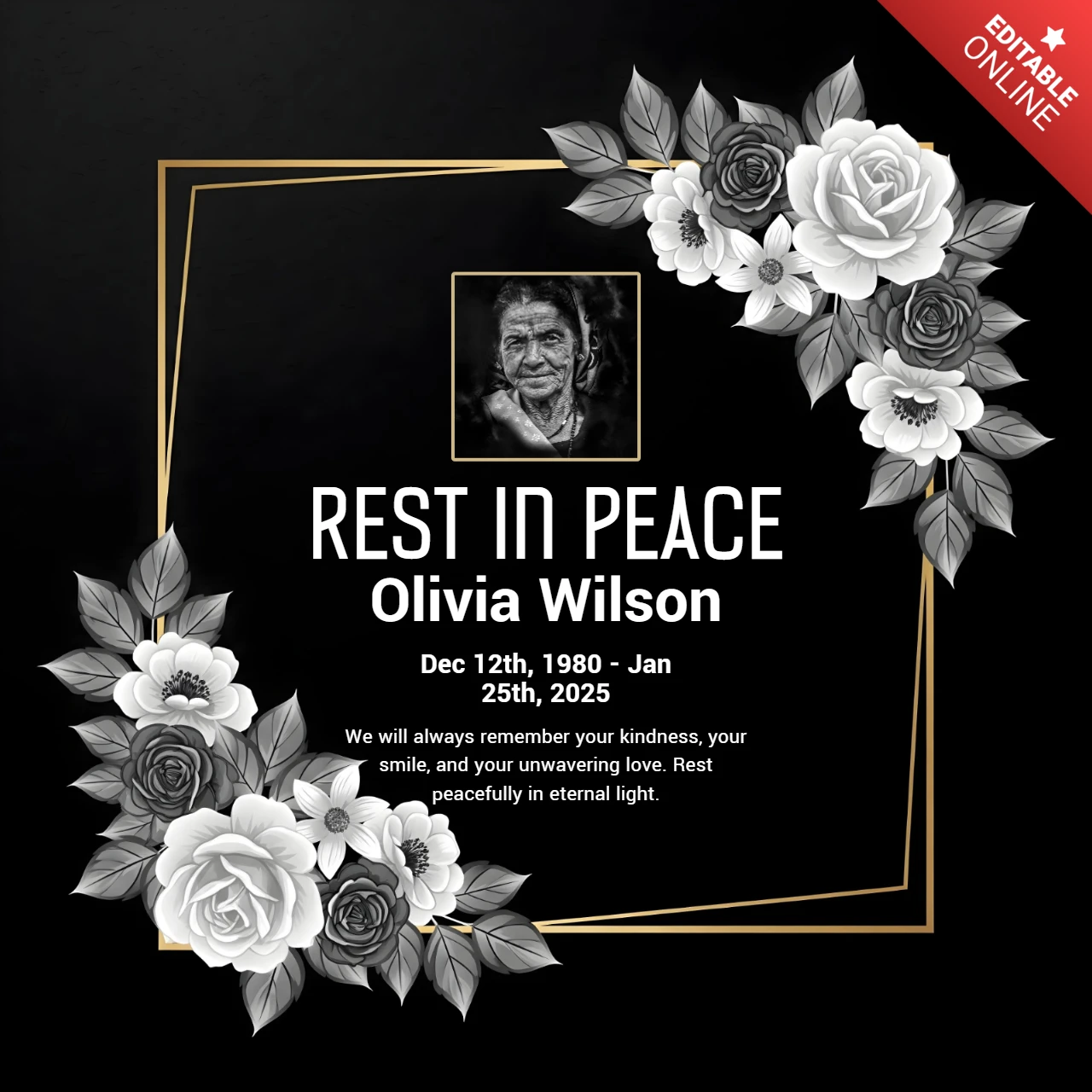 Marco dorado elegante con homenaje fotográfico, diseño de plantilla de simpatía para funeral en paz.