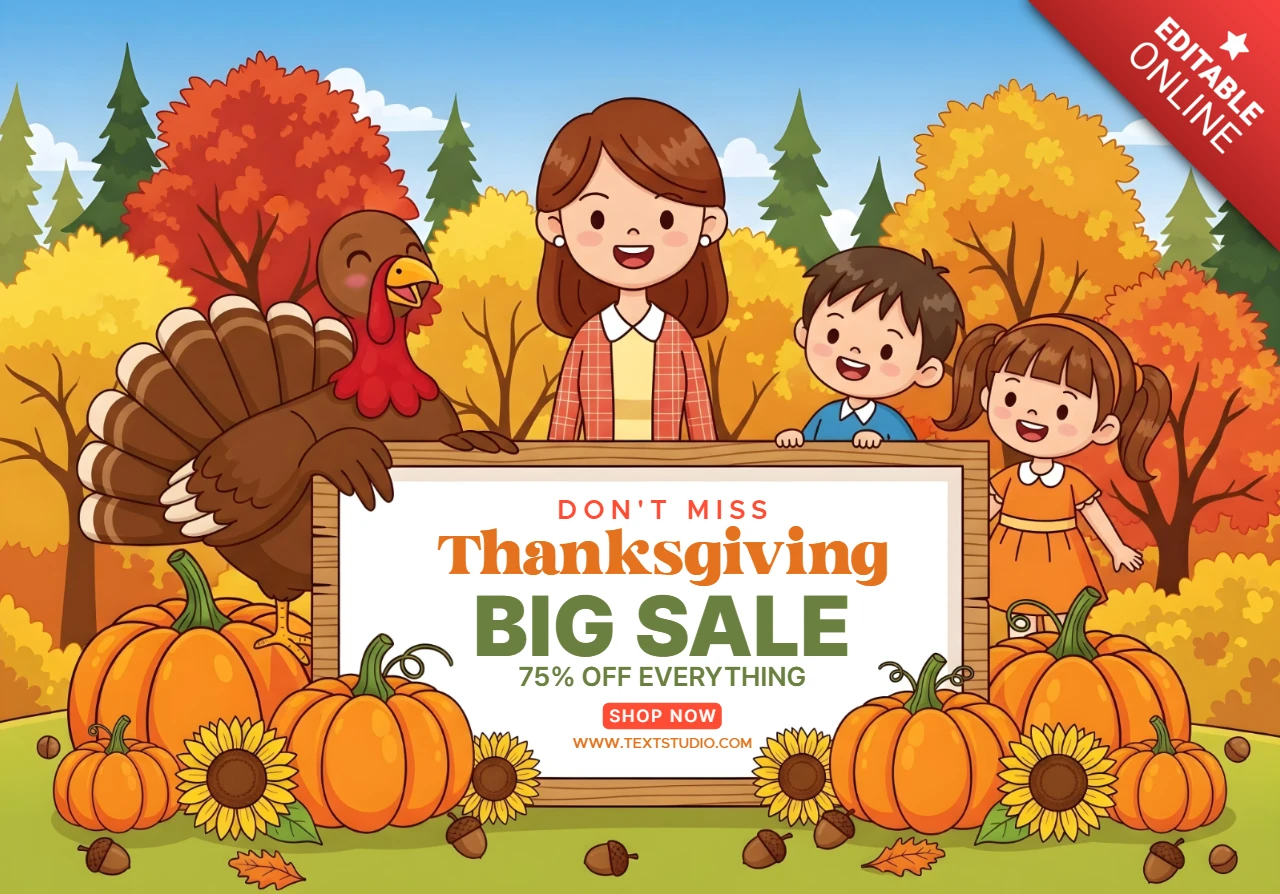 Modèle de promotion de Thanksgiving famille joyeuse et dinde dans un cadre automnal chaleureux avec une grande bannière de message de vente
