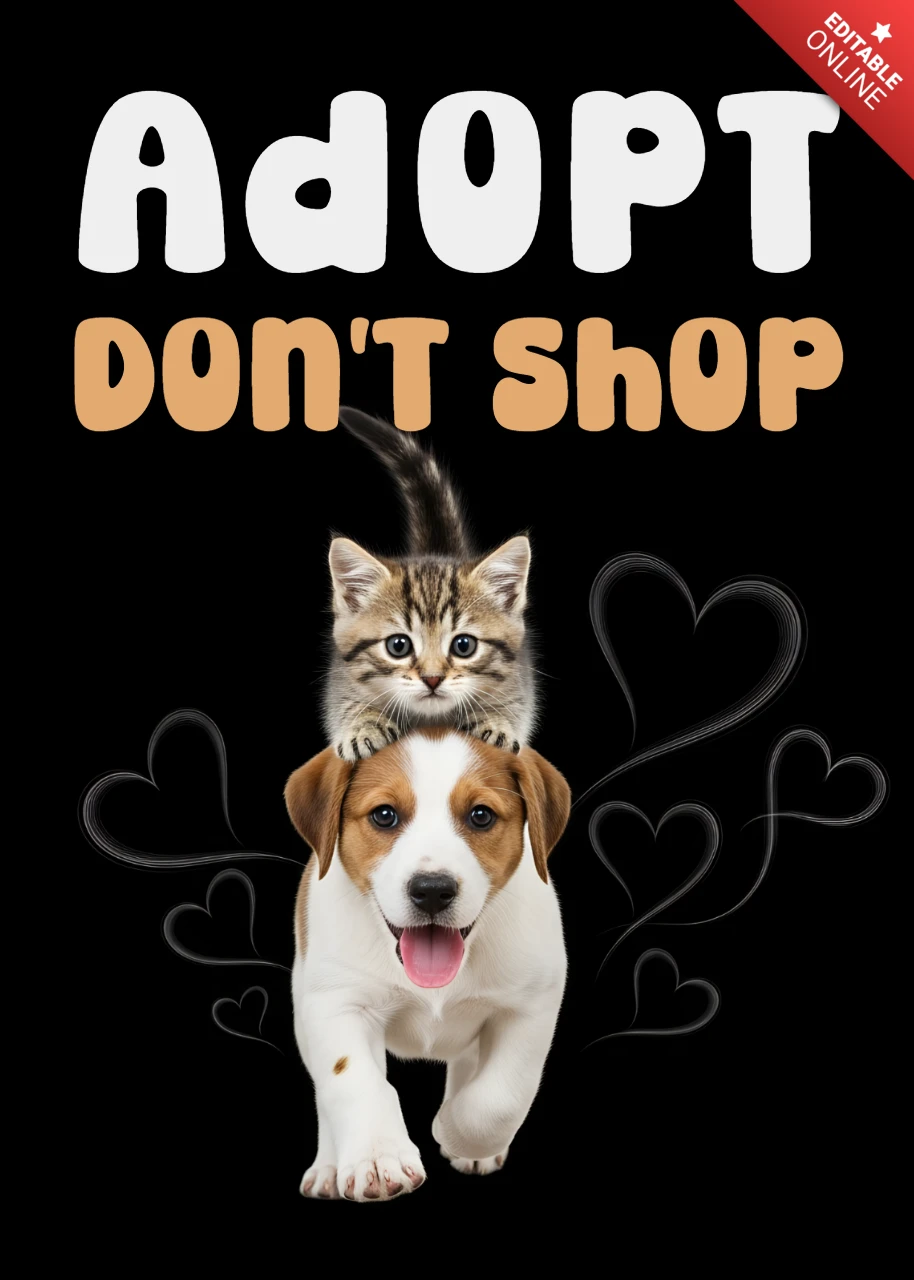 Adotta, non comprare, modello di design per poster di salvataggio animali con animali carini.