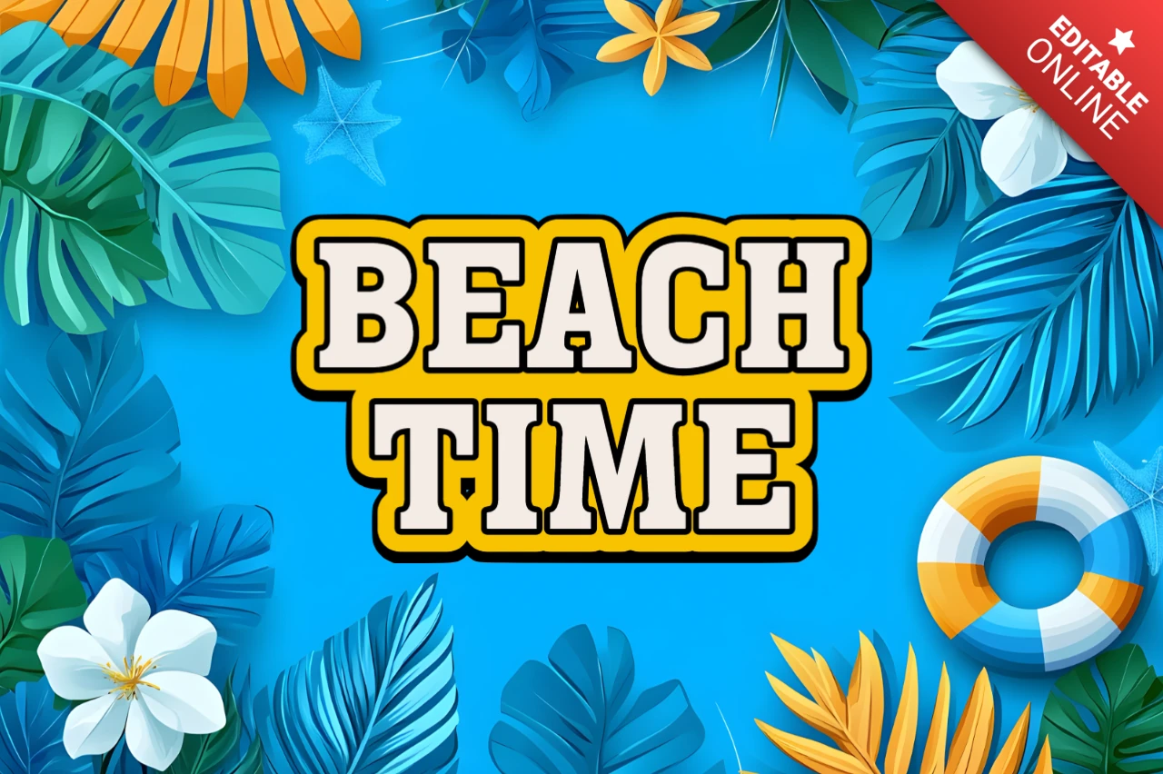 Lebendige Strandzeit Designvorlage mit tropischen Blättern und floralen Akzenten