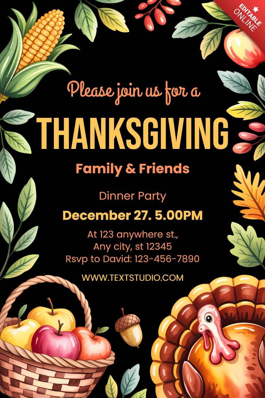 Plantilla de invitación para cena de Acción de Gracias con diseño colorido de pavo y cosecha.