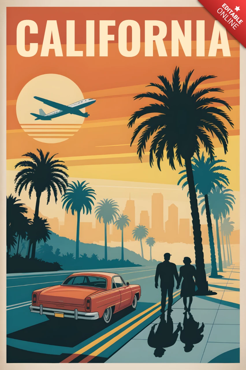 California Vintage Travel Poster Design Template with Palm Trees and Retro Car