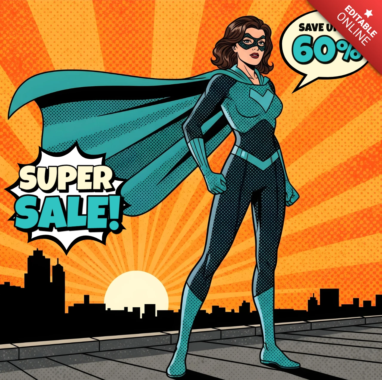 Super vente scène de coucher de soleil style bande dessinée avec modèle de design héroïne teal pour flyers promotionnels
