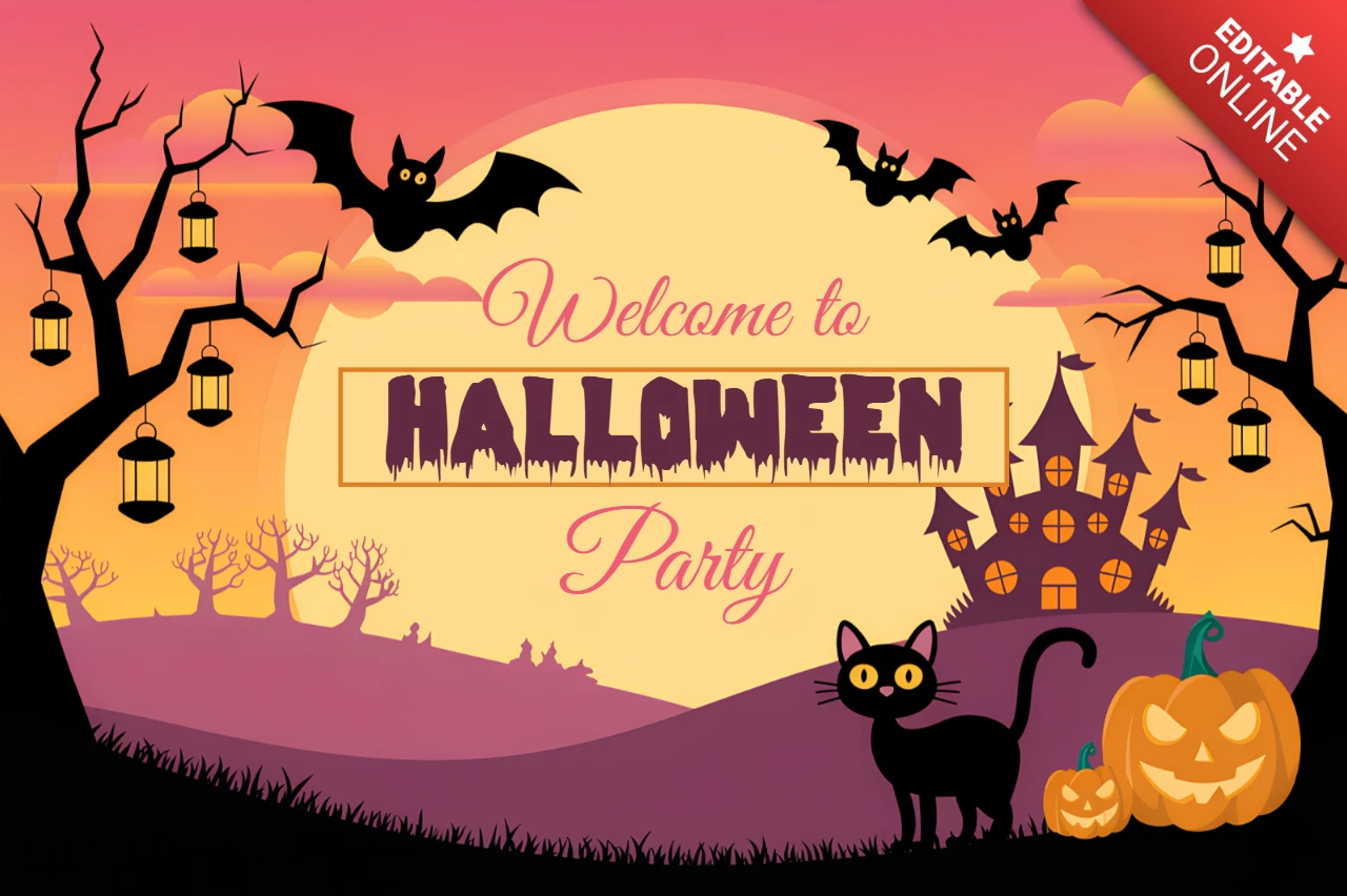 Spooky Halloween Party Invitation Template with Cats and Pumpkins Design