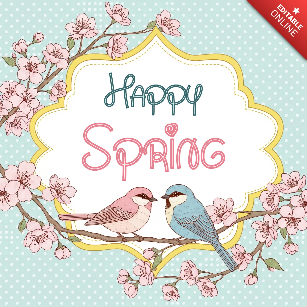 Hola, cartel de primavera con pájaros en una rama floreciente con flores de cerezo y un mensaje estacional alegre.