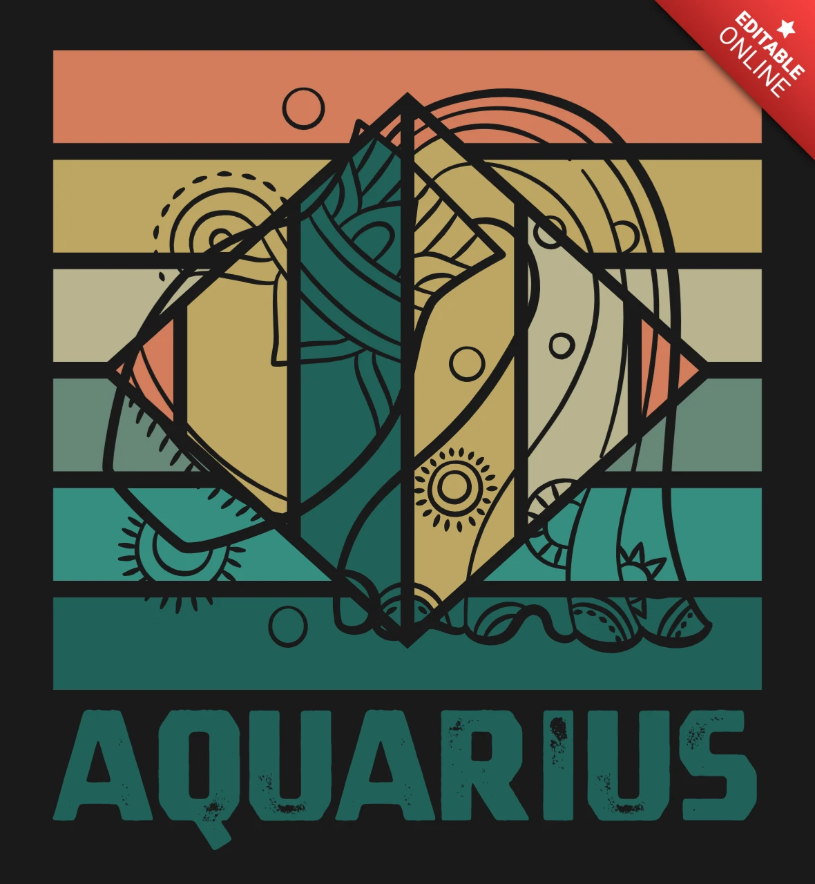 Retro Vibes Aquarius Zodiac Sign Horoscope T-Shirt Design Template
