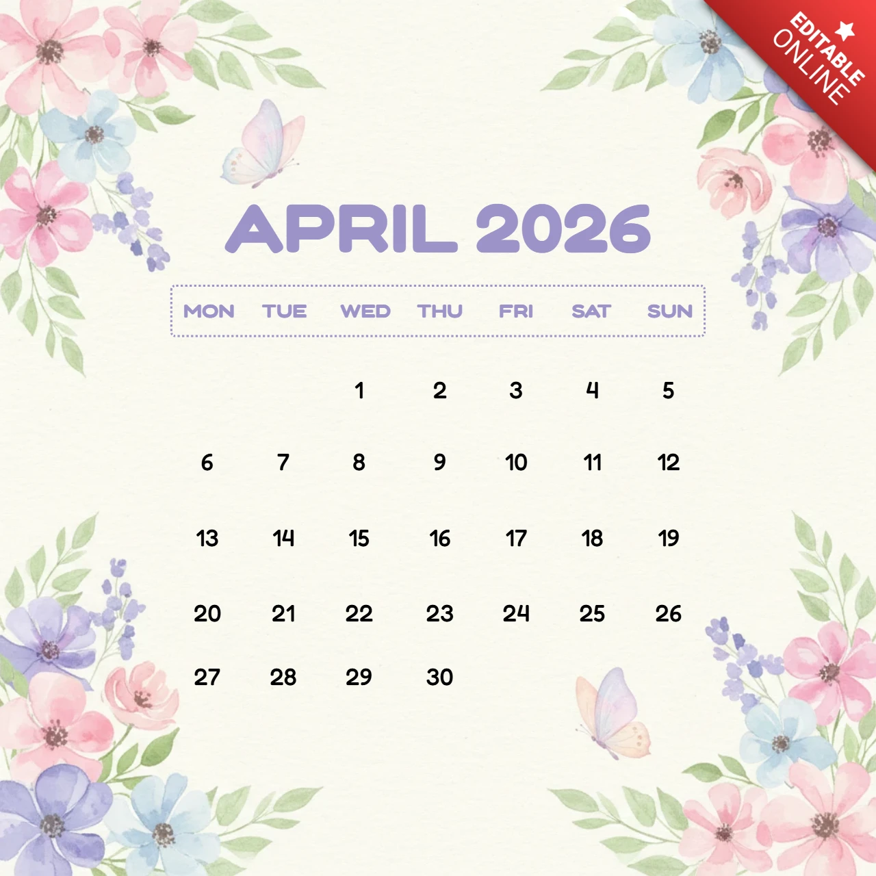 Şık pastel arka plan, çiçekler, kelebekler ve dekoratif çerçeve temalı nisan 2026 takvim posterleri