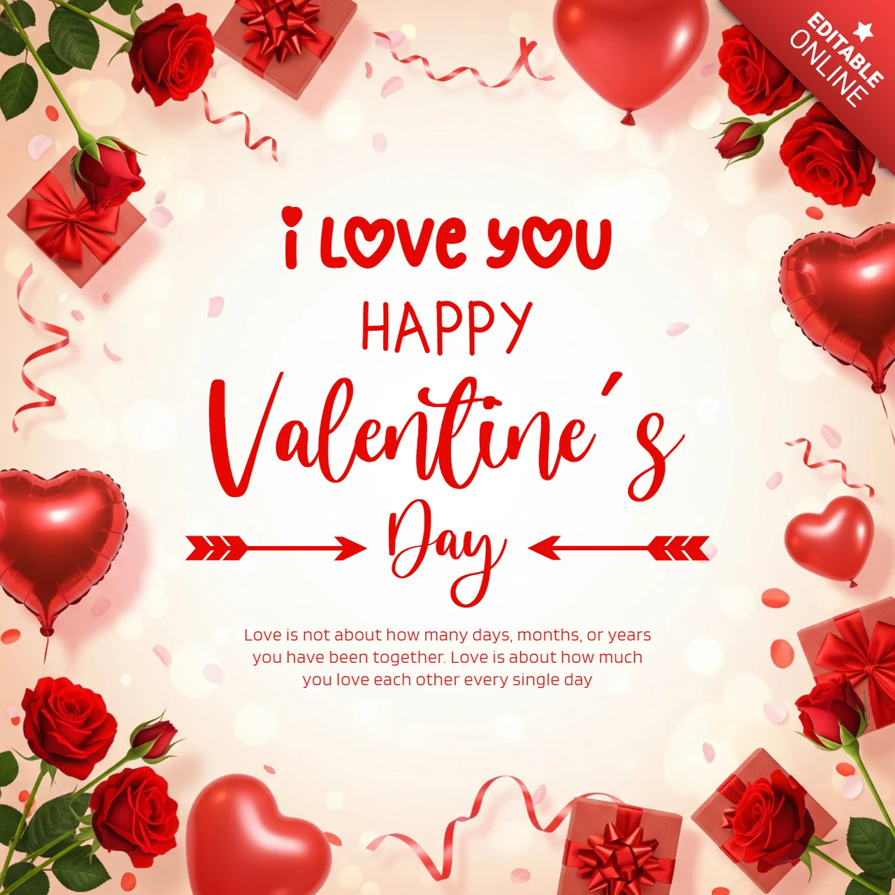 Tarjeta de saludo de San Valentín con fondo rosa brillante, cajas de regalo y confeti de corazones.