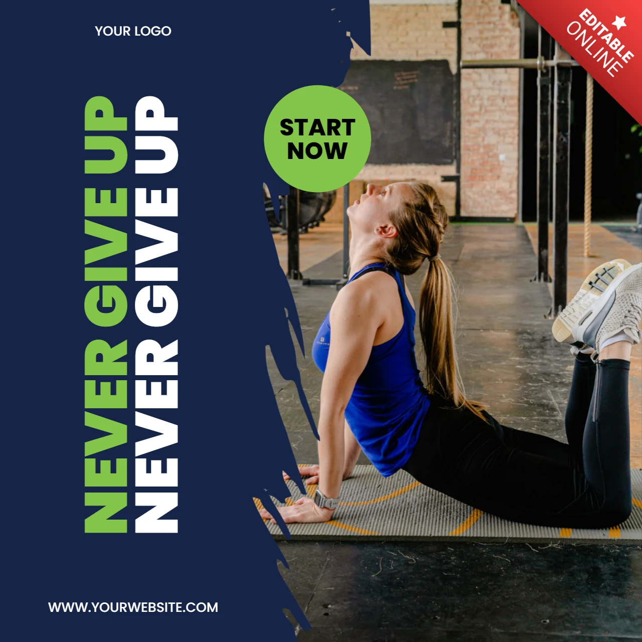 Geef nooit op sportschool promotionele social media post ontwerp sjabloon