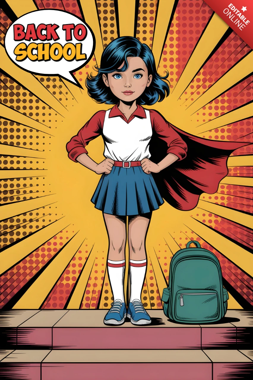 Ragazza supereroe di ritorno a scuola in piedi sui gradini con mantello e zaino, modello di design per poster