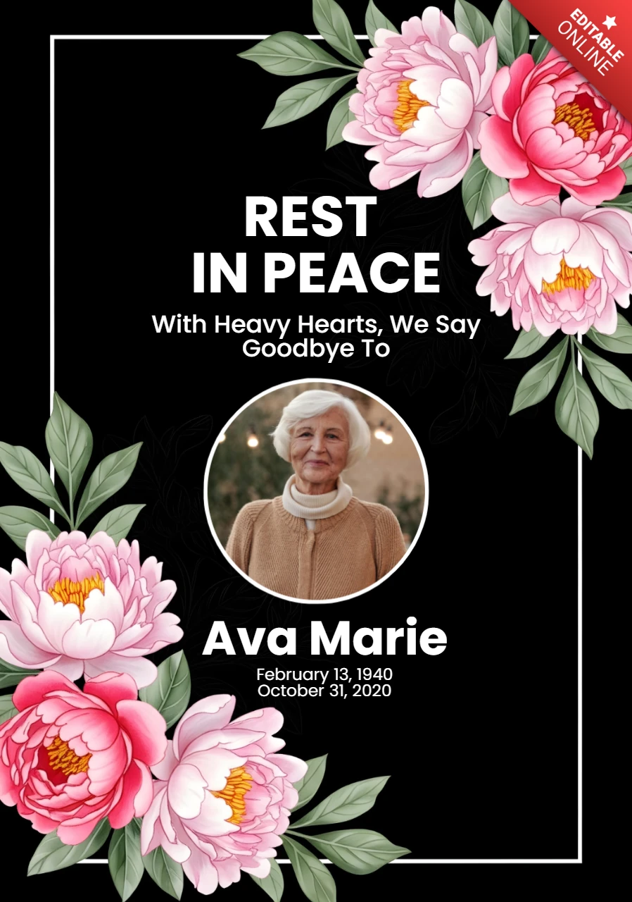 Memorial Poster Circular Photo Tribute with Pink & White Peonies, Rest in Peace Design Template