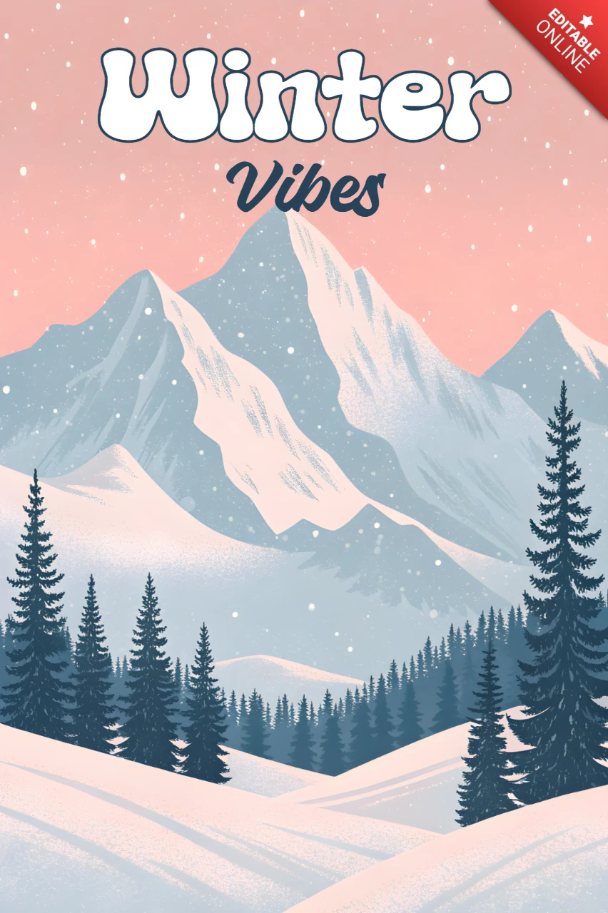 Winter-Vibes-Designvorlage für Feiertagsgrusskarten mit Berglandschaft