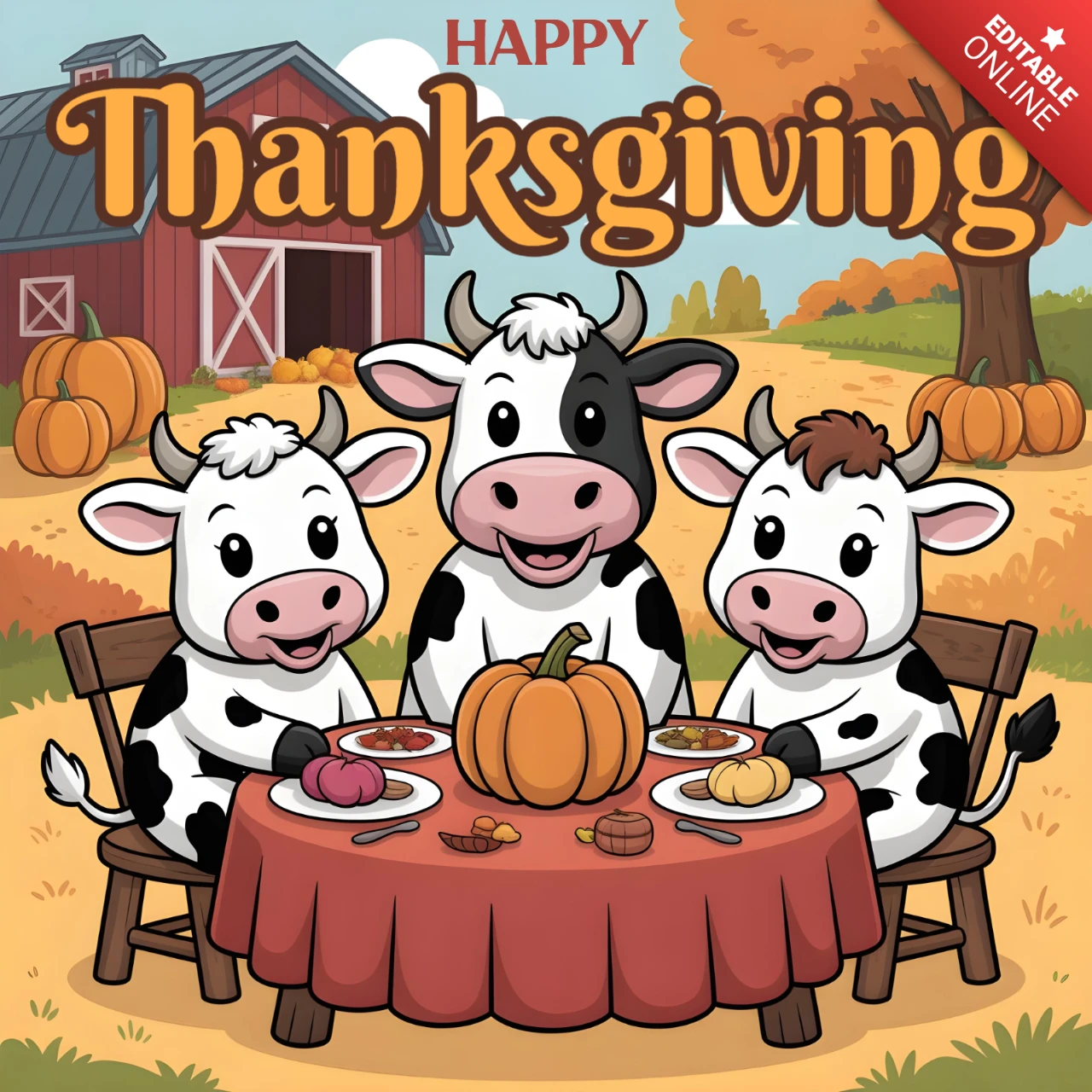 Vaches de dessin animé partageant un festin avec des citrouilles et une scène d'automne de grange rouge, modèle de bannière de carte de Thanksgiving.