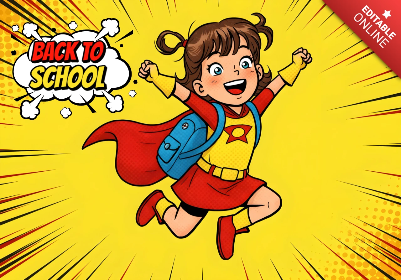 Back to School Superhero Girl Jumping with Red Cape and Star Emblem Backpack Poster Design Template