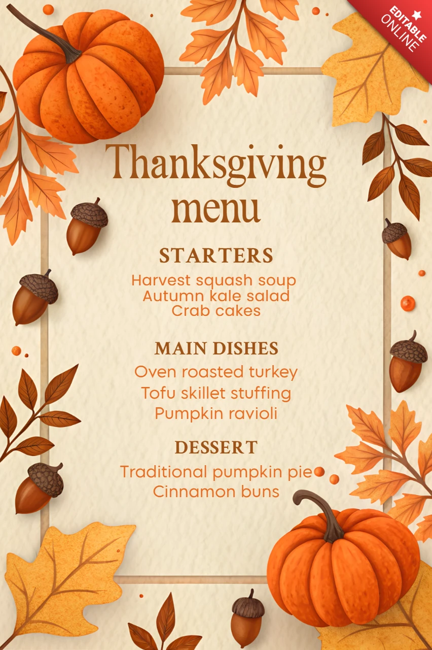 Thanksgiving Menu Design Template with Pumpkin and Autumn Leaves for Brochure Use