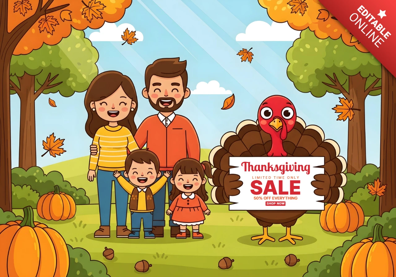 Thème de shopping de vacances de Thanksgiving avec une famille de dessins animés, des glands, des citrouilles et un modèle de bannière de vente promotionnelle.