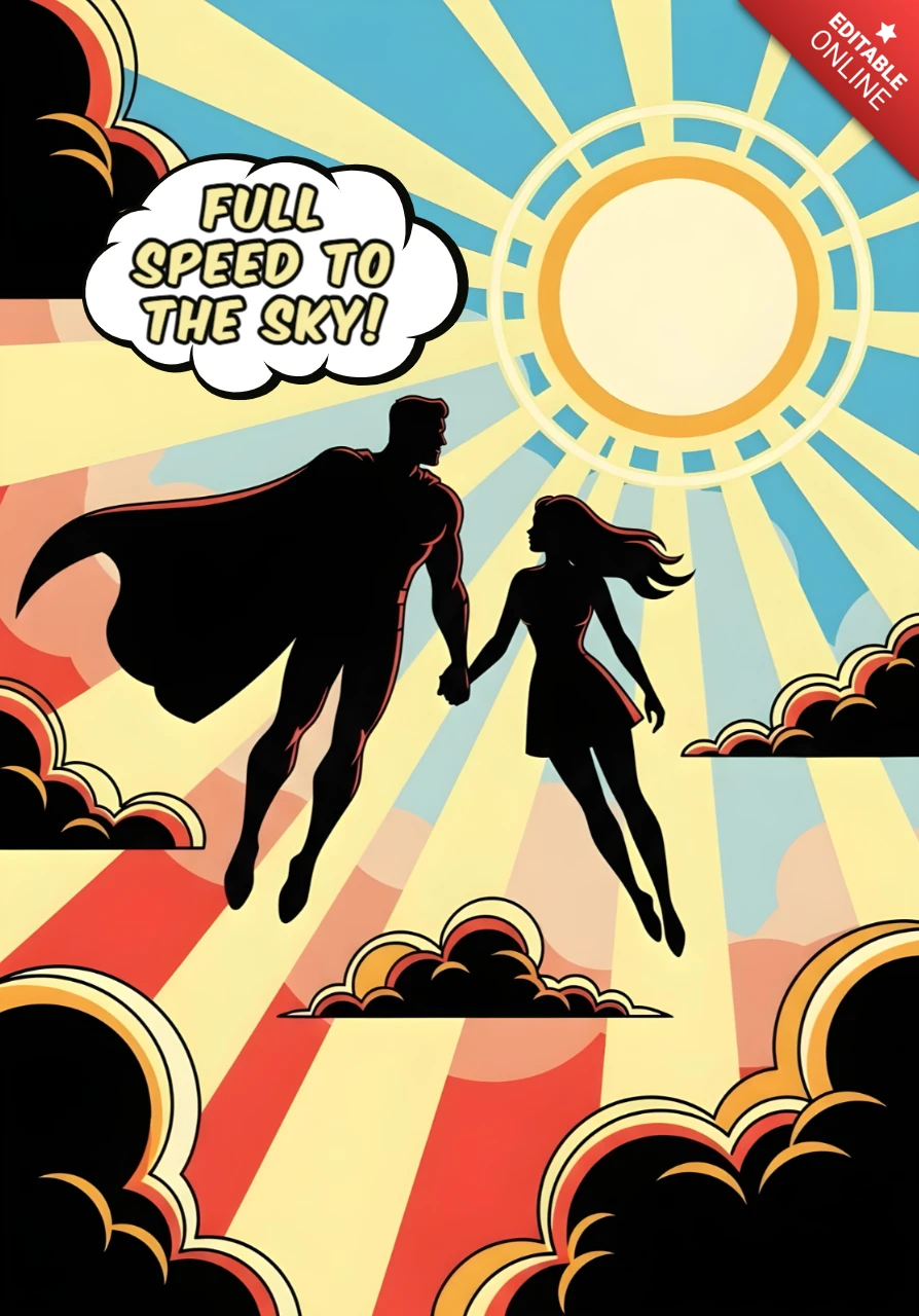 Full Speed to the Sky Flying Heroic Couple with Stylized Sunburst Background Poster Design Template