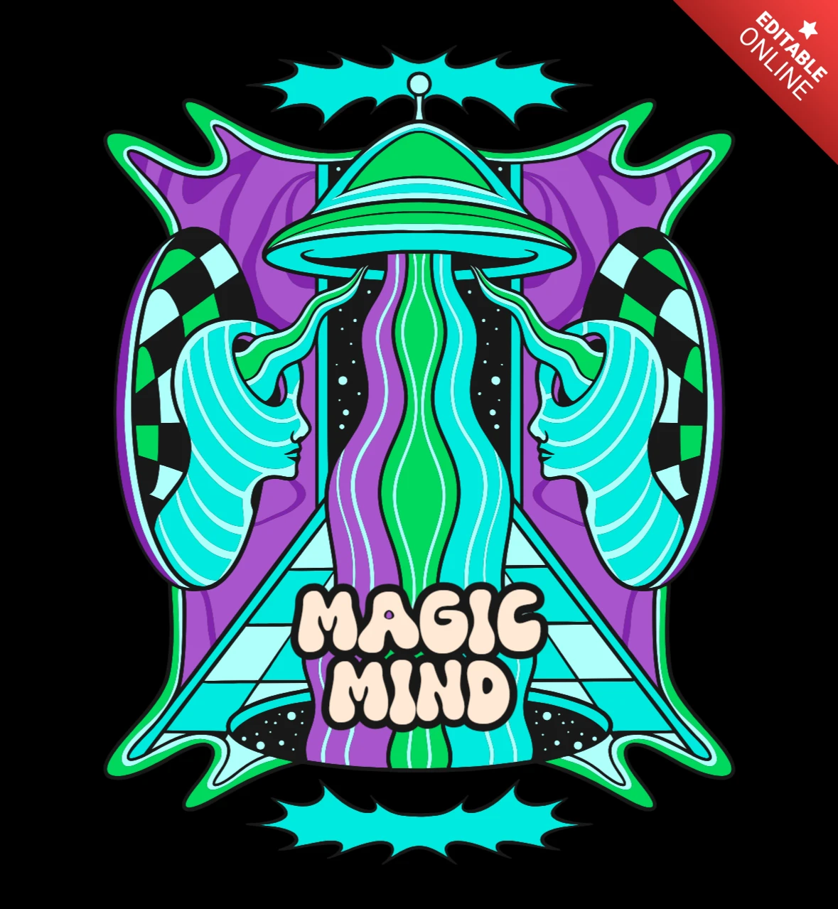 Magic Mind Psychedelic Vision & Cosmic Energy T-Shirt Design Template