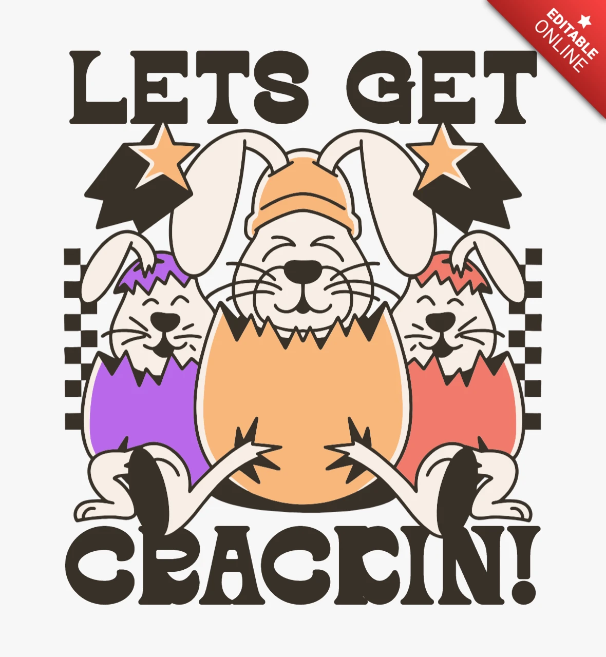 Let’s Get Crackin Spring Humor with Cracked Egg Design & Star Accents T-Shirt Design Template
