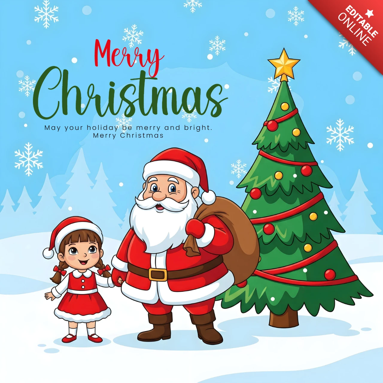 Magischer Weihnachtsmann und Mädchen in einer verschneiten Szene mit geschmücktem Baum und Feiertagsgruß-Designvorlage