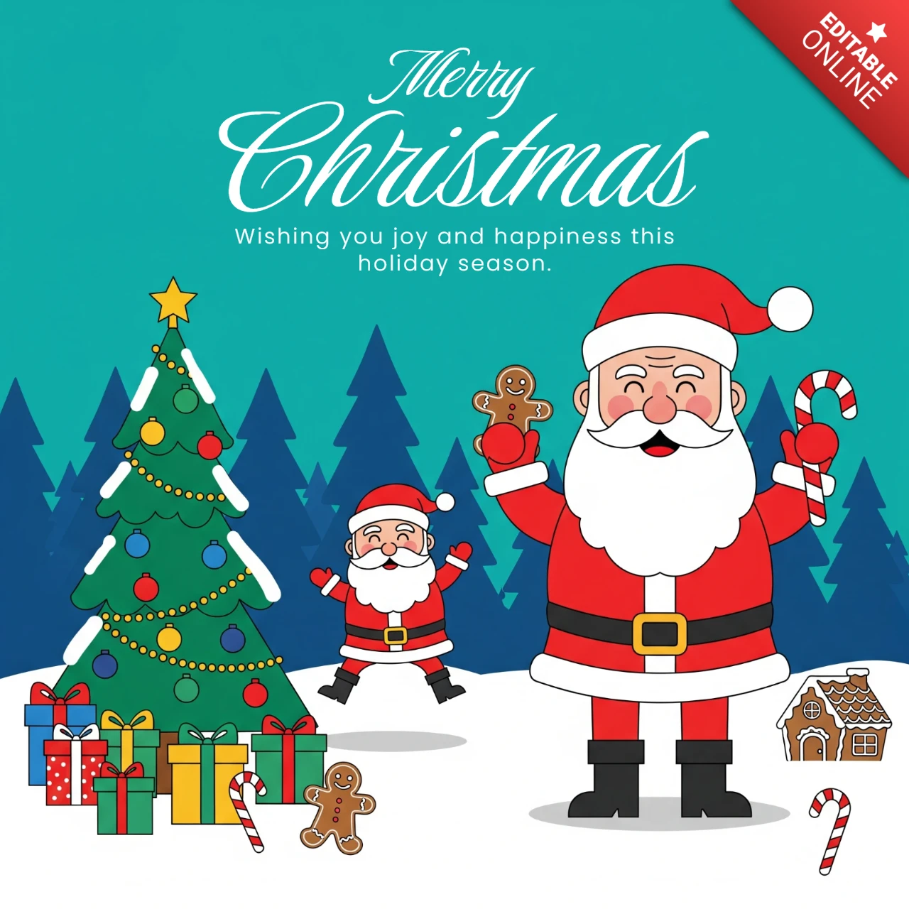 Joyeux Noël, père Noël, arbre et friandises en pain d'épices dans un paysage enneigé avec un modèle de conception d'affiche de vœux de vacances.