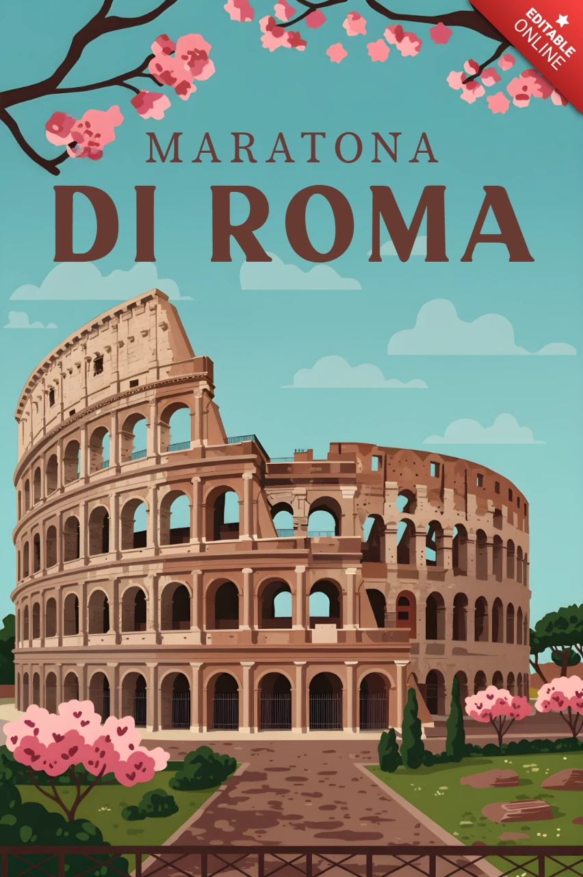 Modèle de design vintage pour le marathon de Rome avec le Colisée et des cerisiers en fleurs.