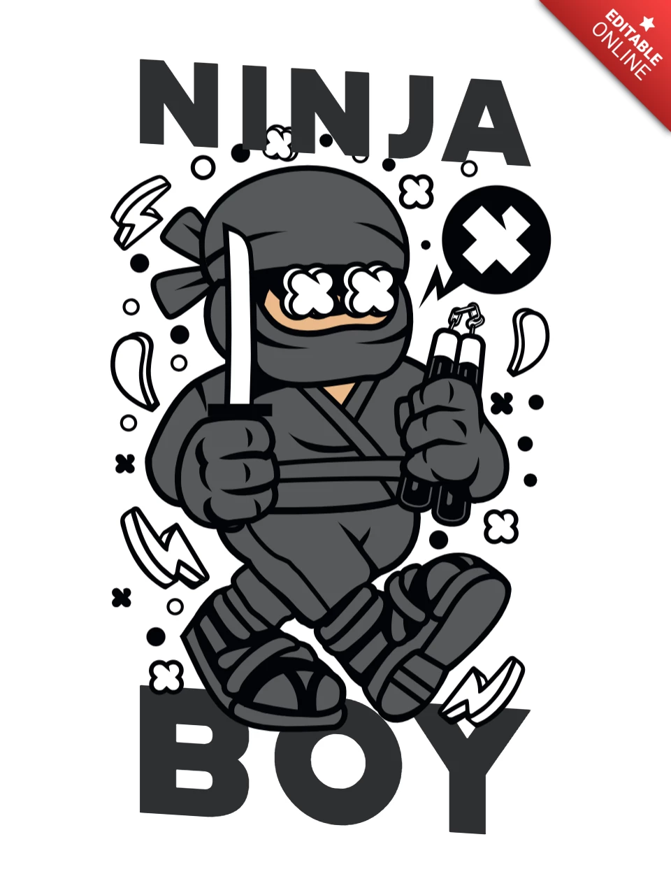 Niño ninja con plantilla de diseño de camiseta de personaje