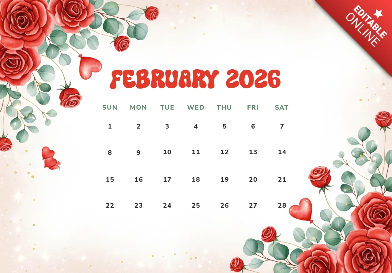 Februari 2026 kalender romantisch tuinthema met rode rozen en valentijnsharten