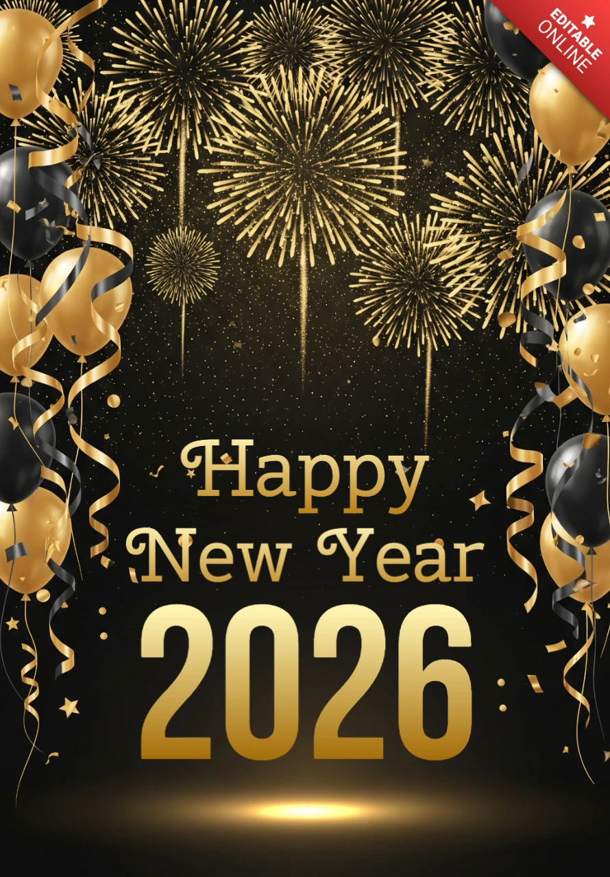Happy New Year 2026 Card Golden Celebration Theme with Fireworks, Balloons & Bold Lettering on Dark Background