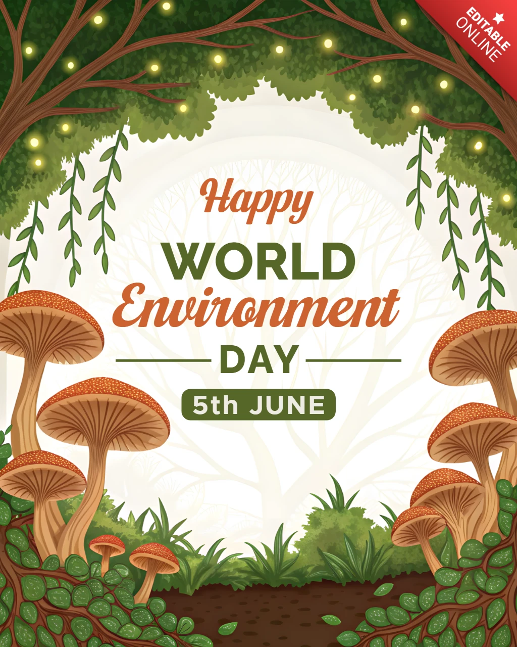 Foresta con lucciole e funghi design modello per la giornata mondiale dell'ambiente