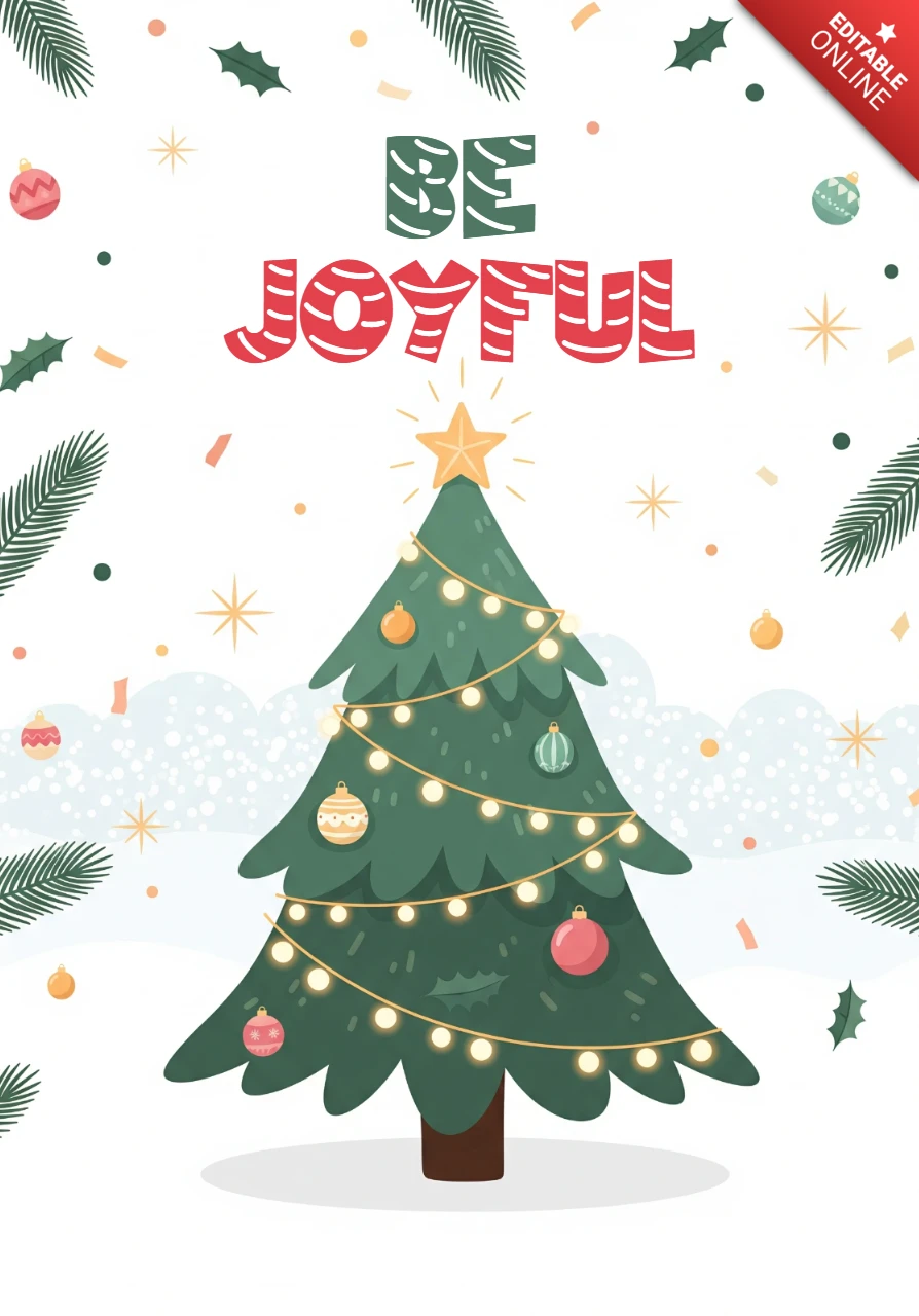 Weihnachtskarten-Design mit einem Baum, Stechpalme und Kiefernnadeln in einer verschneiten Szene mit der fröhlichen Feiertagsbotschaft.