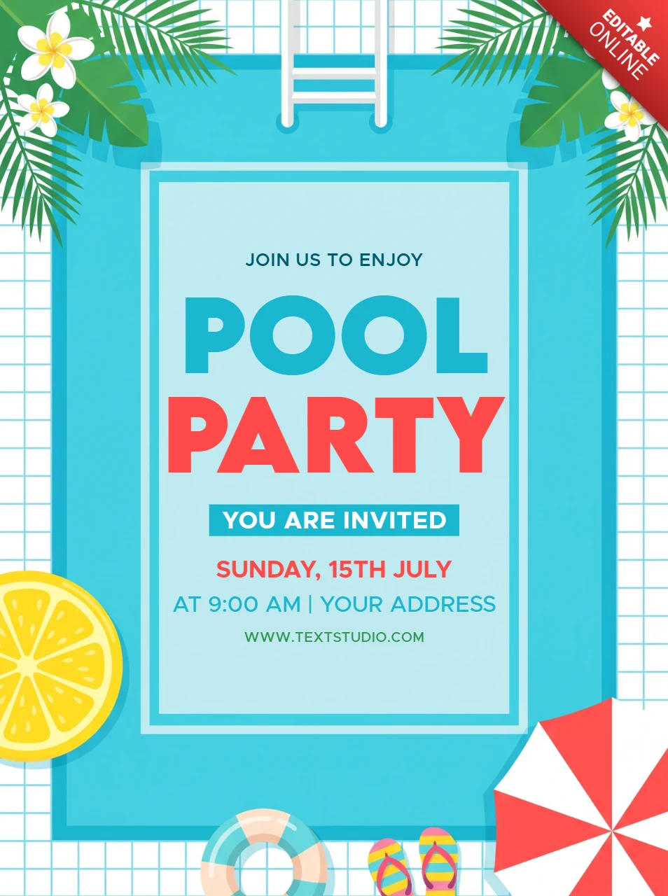 Colorful summer pool party invitation flyer with tropical leaves and swimming pool elements