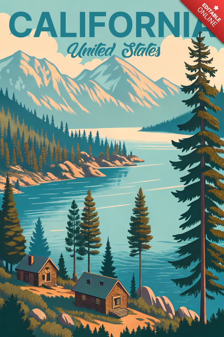 Template di design paesaggistico vintage della California per poster di viaggio