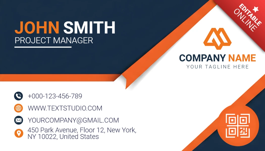 Creative Modern Business Card Template Diagonal Blue & Orange Layout with QR Code Feature